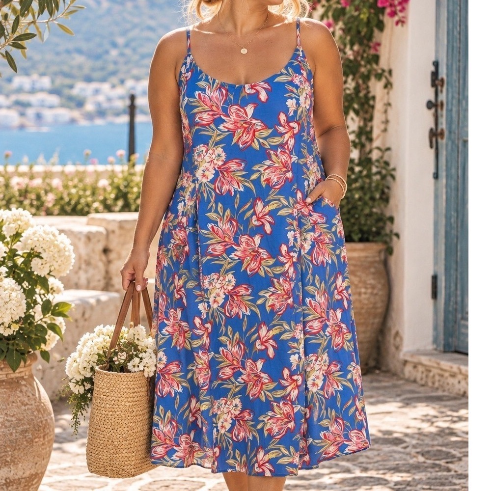 A New Day Blue Floral Midi Dress 2X Tropical Lily Smocked Back Pockets NWT D3
